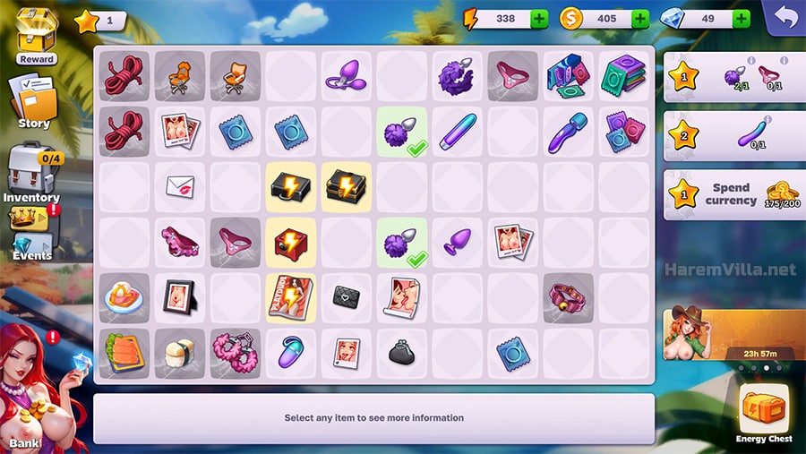 Merge board in Harem Villa game with items to combine and earn stars