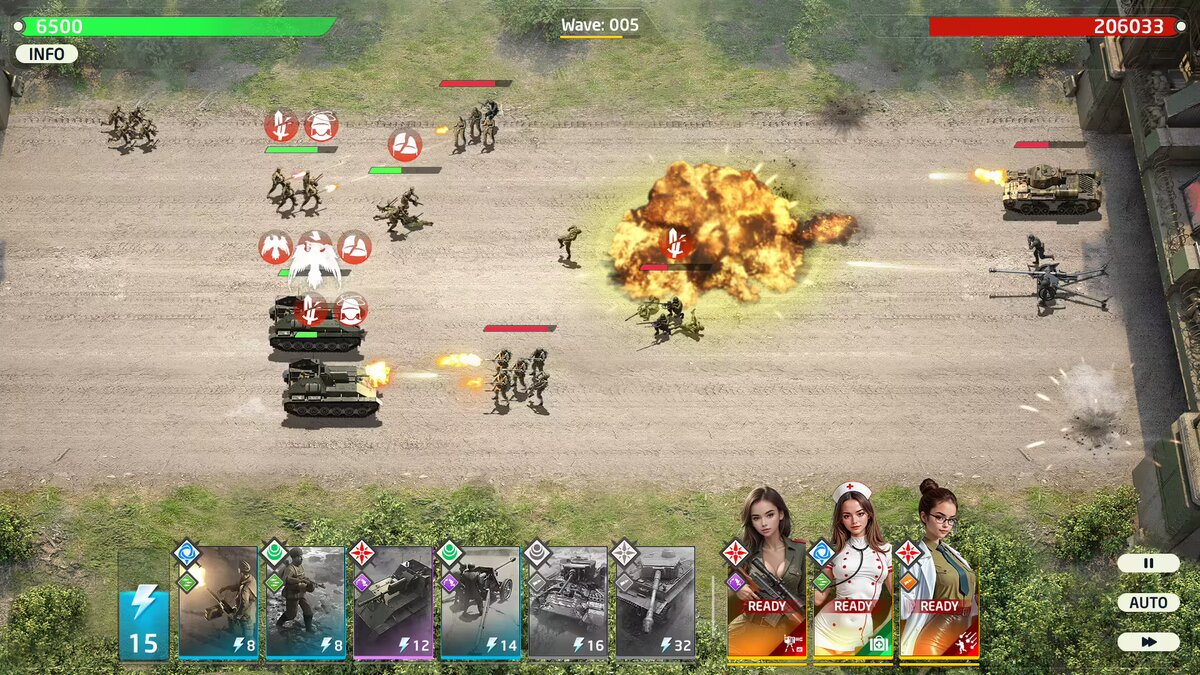 Lane battle combat in Lust Frontiers with tanks and infantry deployed across the battlefield