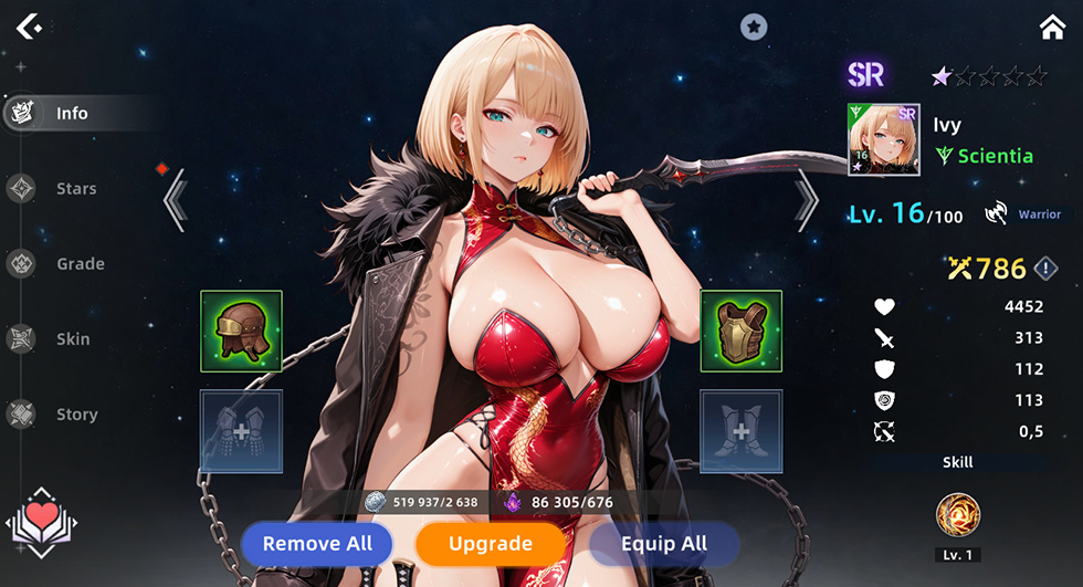 Ivy's character screen in M:Brace, showing her equipment, stats, and upgrade options